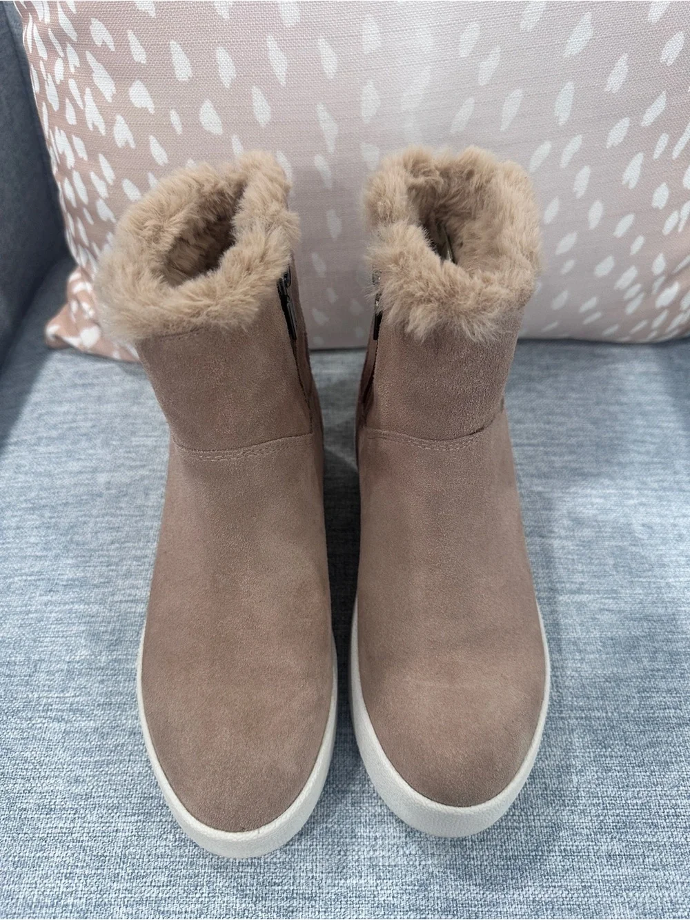 Blondo Taupe Faux-Suede Fur-Trim Ankle Boots